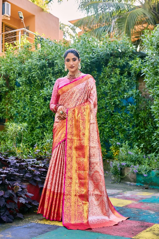 Sonakshi Women's Peach Banarasi Handloom Silk Zari Woven Traditional Saree with Blouse High Neck Blouse