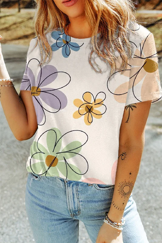 Blue Zone Planet |  Beige Summer Flower Print Round Neck T Shirt-- Thin T-Shirt Open Front Quick Dry