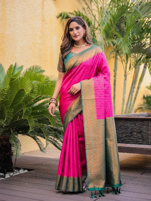 Sonakshi Women's Pink Kanjivaram Silk Zari Woven Traditional Saree with Blouse Chic Wrap Blouse