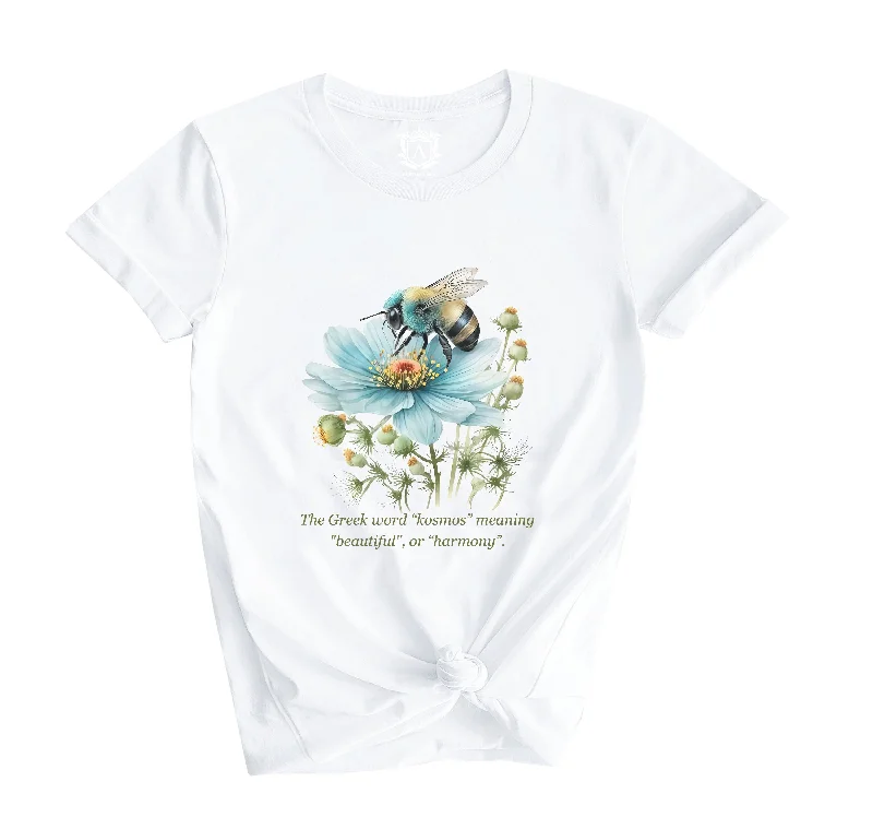 Cosmos with bee Watercolor Short Sleeves T-Shirt-- Handmade Hand-knitted Hand-woven