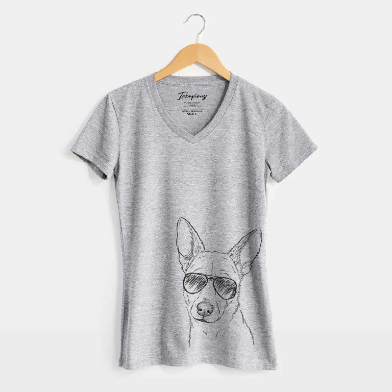 Aviator Sooner the Huskimo - Women's V-neck Shirt-- Denim Fabric Leather Fabric Suede Fabric
