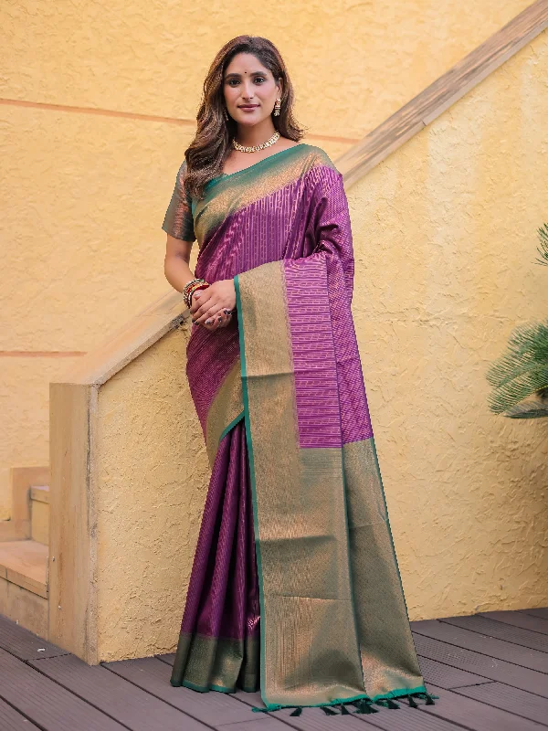 Sonakshi Women's Wine Kanjivaram Silk Zari Woven Traditional Saree with Blouse Elegant Semi-Sheer Blouse