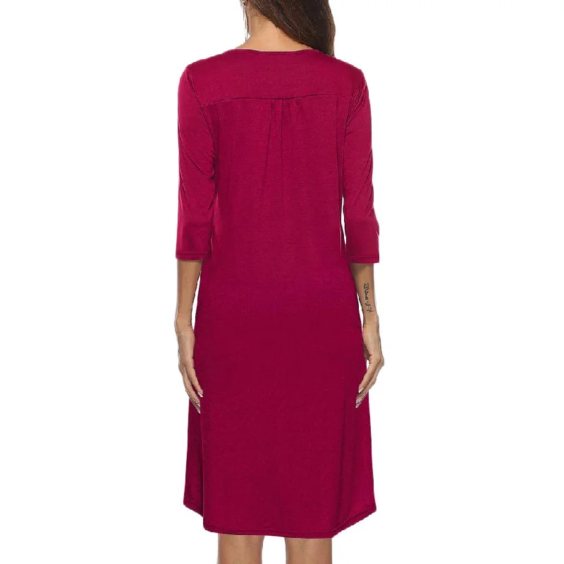 Women's 3/4 Sleeve Casual Loose Buttons Pleated Tops Blouse Dress S Purple Classic Minimalist Blouse