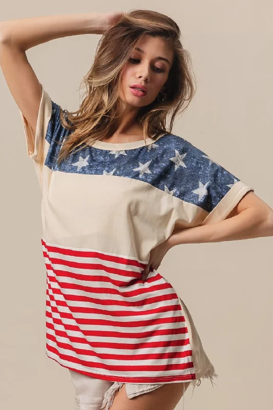 Hazel Blues® |  BiBi American Flag Theme Short Sleeve T-Shirt-- Real Fur Shearling Chenille