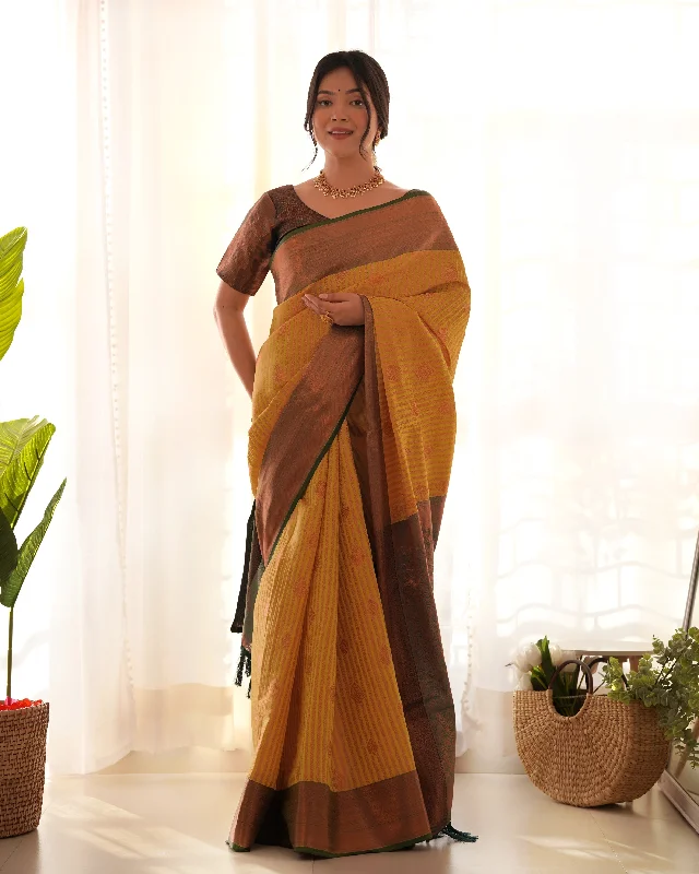 Sonakshi Women's Mustard Kanjivaram Silk Zari Woven Traditional Saree with Blouse Modern Oversized Blouse
