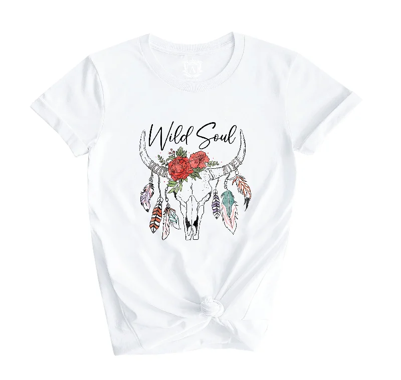 Wild Soul Cow Skull Short Sleeve T-Shirt-- Graphic Embroidered Appliqued