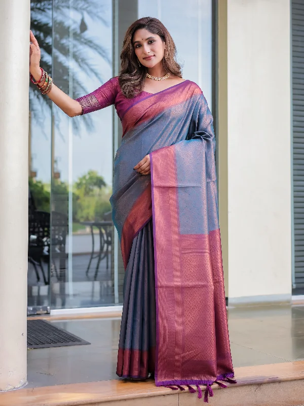 Sonakshi Women's Blue Kanjivaram Silk Zari Woven Traditional Saree with Blouse Office-Ready Blouse