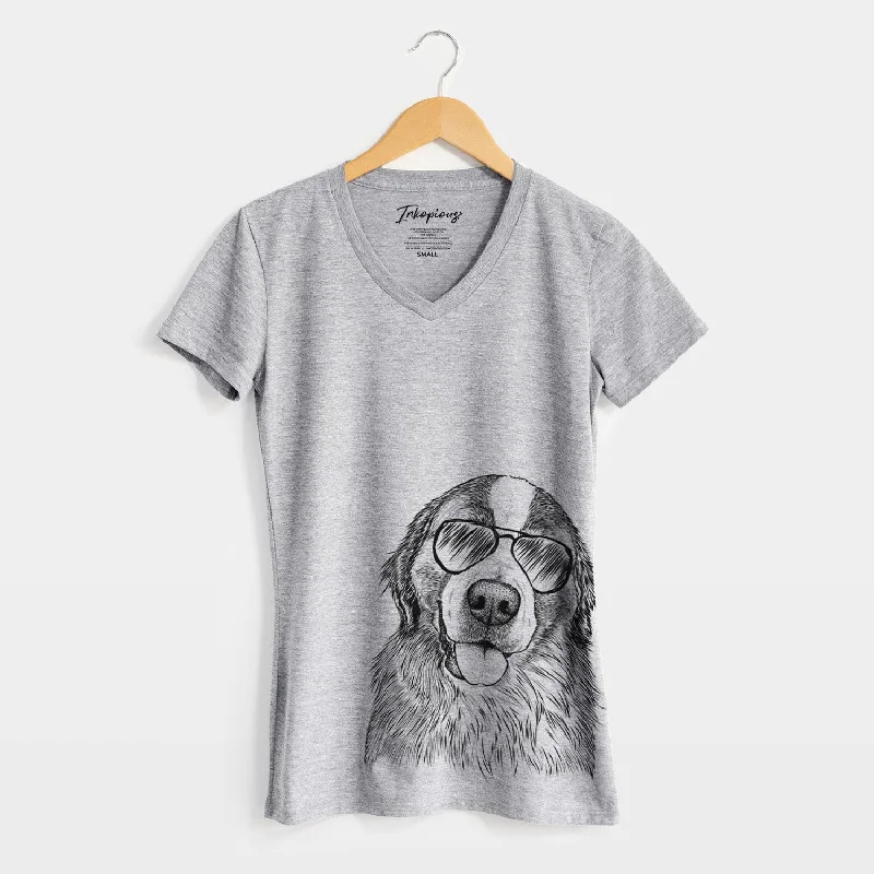 Aviator Walter the Bernese Mountain Dog Mix - Women's V-neck Shirt-- Houndstooth Herringbone Solid