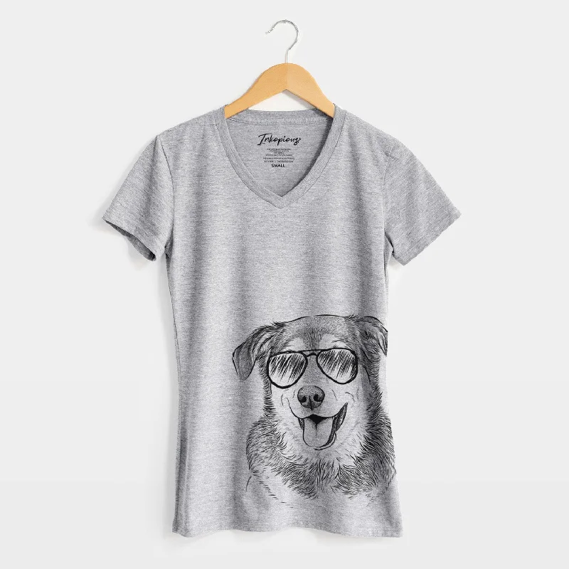 Aviator Lance the Lab/Shepherd Mix - Women's V-neck Shirt-- Ribbed Striped Patterned