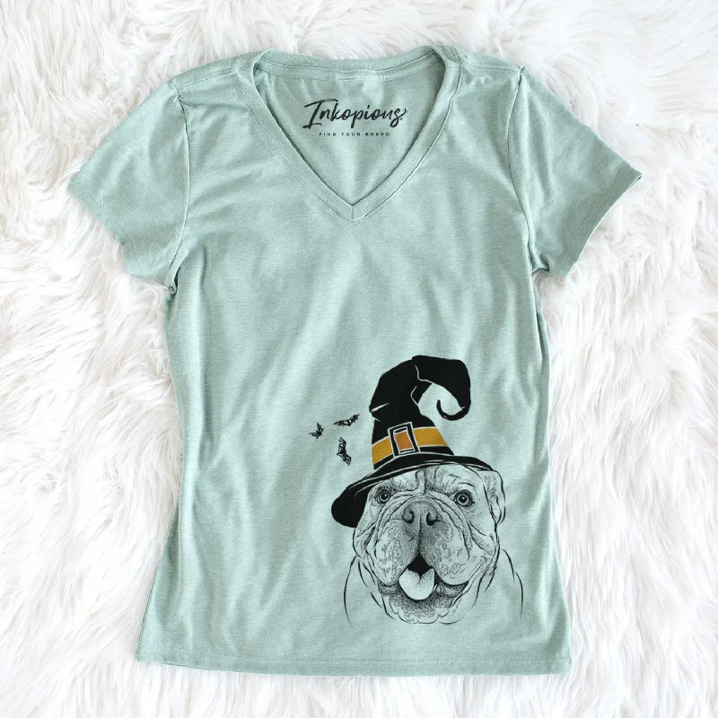 Witch Louie the English Bulldog - Women's V-neck Shirt-- Mesh Blend Leather Blend Suede Blend