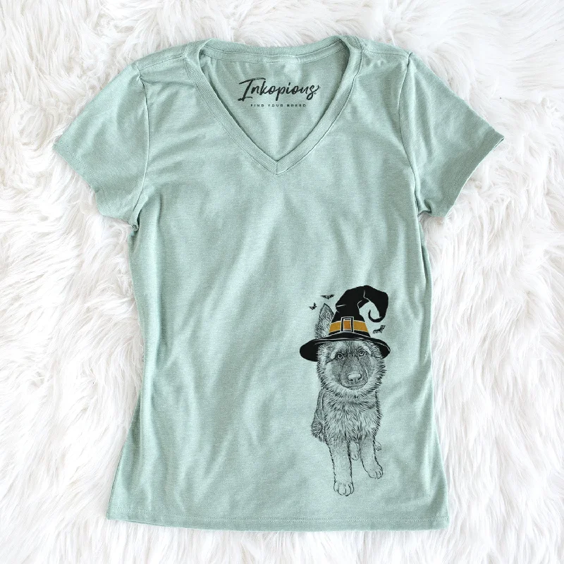 Witch Kuyo the German Shepherd - Women's Perfect V-neck Shirt-- Hooded Caped Shawl Collar