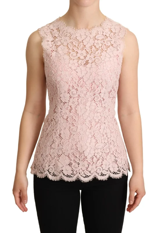 Dolce & Gabbana Elegant Pink Lace Sleeveless Women's Blouse Playful Puff Blouse