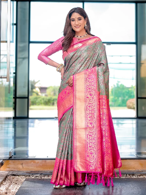 Sonakshi Women's Grey Dharmavaram Silk Zari Woven Traditional Saree with Blouse Floral Chiffon Blouse