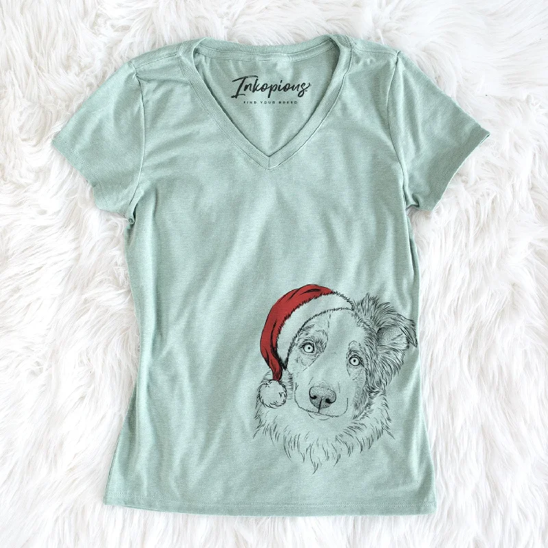 Santa HoneyBee the Miniature Australian Shepherd - Women's Perfect V-neck Shirt-- Terry Blend Velvet Blend Canvas Blend