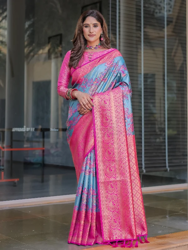 Sonakshi Women's Blue Dharmavaram Silk Zari Woven Traditional Saree with Blouse Feminine Tie Blouse