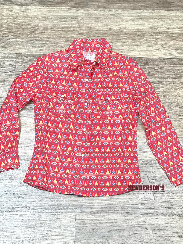 Girl's Red Teepee Print Shirt-- Silk Blend Satin Velvet