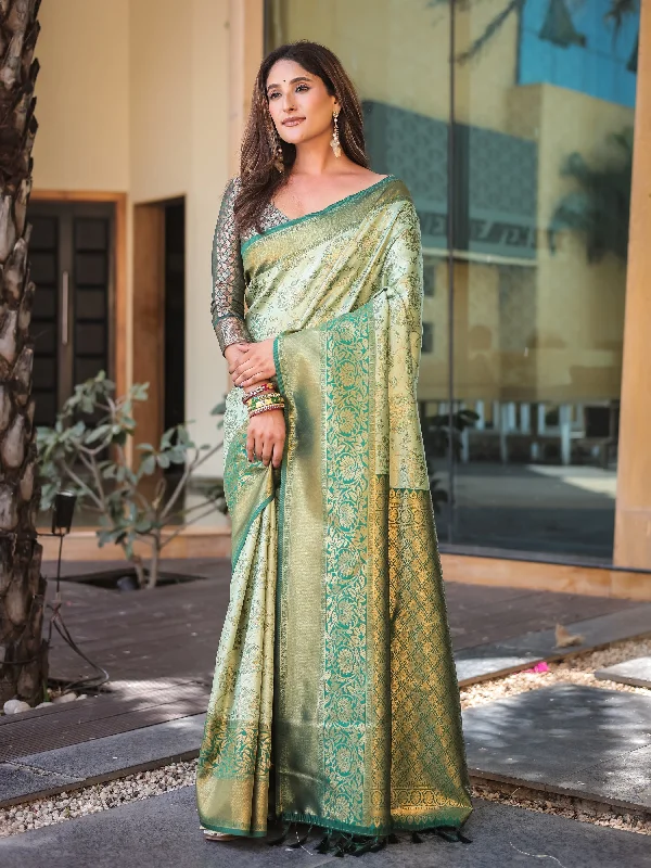 Sonakshi Women's Pista Dharmavaram Silk Zari Woven Traditional Saree with Blouse Pleated Collar Blouse
