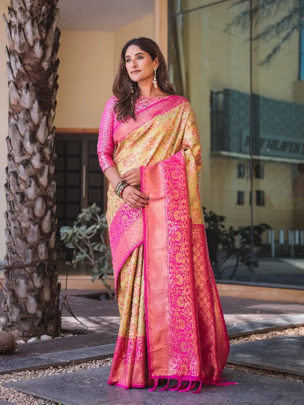 Sonakshi Women's Beige Dharmavaram Silk Zari Woven Traditional Saree with Blouse Casual Button Blouse