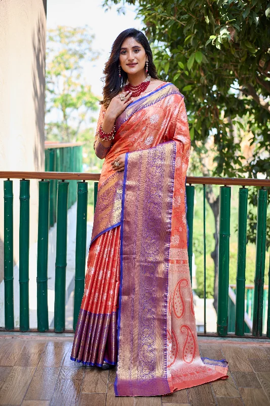 Sonakshi Women's Orange Banarasi Handloom Silk Zari Woven Traditional Saree with Blouse Delicate Pleat Blouse