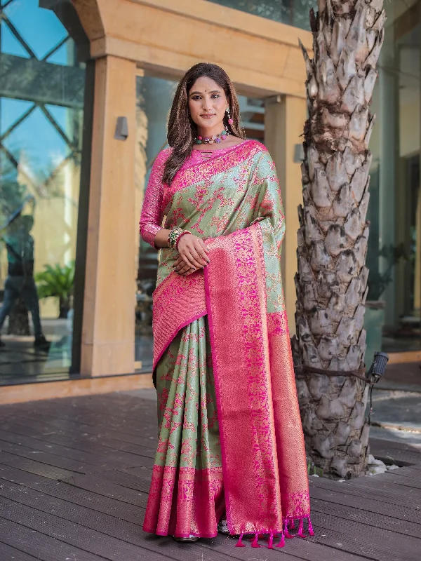 Sonakshi Women's Pista Dharmavaram Silk Zari Woven Traditional Saree with Blouse Classic Striped Blouse