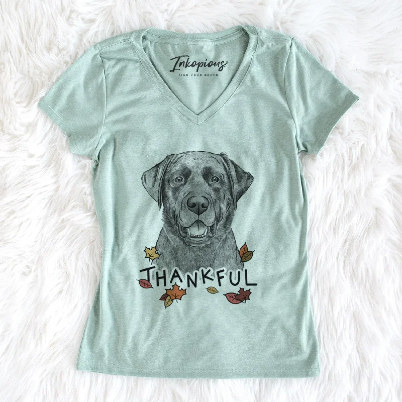 Thankful Heath the Black Lab - Women's V-neck Shirt-- Striped Floral Plaid