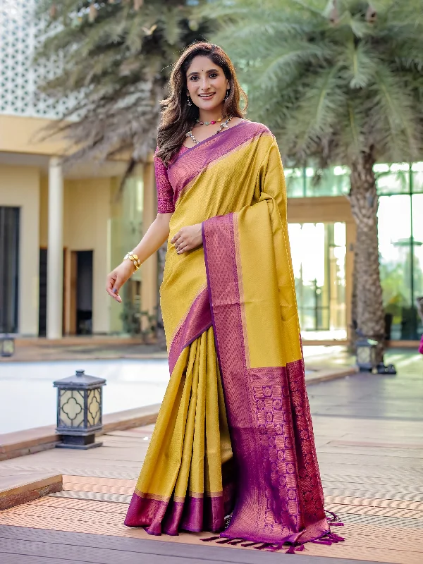 Sonakshi Women's Yellow Kanjivaram Silk Zari Woven Traditional Saree with Blouse Elegant Peplum Blouse