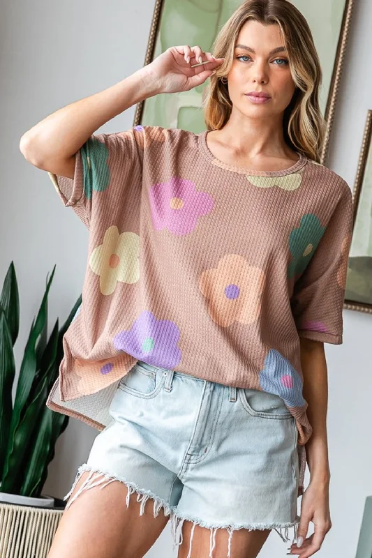 Blue Zone Planet |  HOPELY Full Size Floral Round Neck Side Slit Waffle T-Shirt-- Mesh Canvas Denim