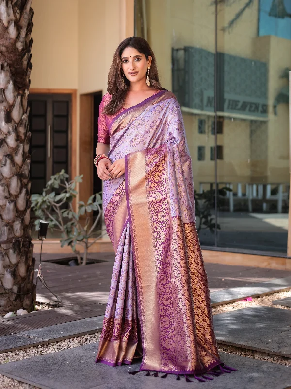 Sonakshi Women's Purple Dharmavaram Silk Zari Woven Traditional Saree with Blouse Boho Printed Blouse
