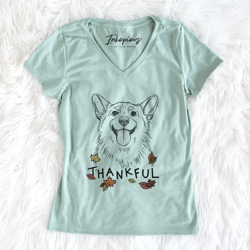 Thankful Porter the Pembroke Welsh Corgi - Women's V-neck Shirt-- Front Pockets Side Pockets Patch Pockets