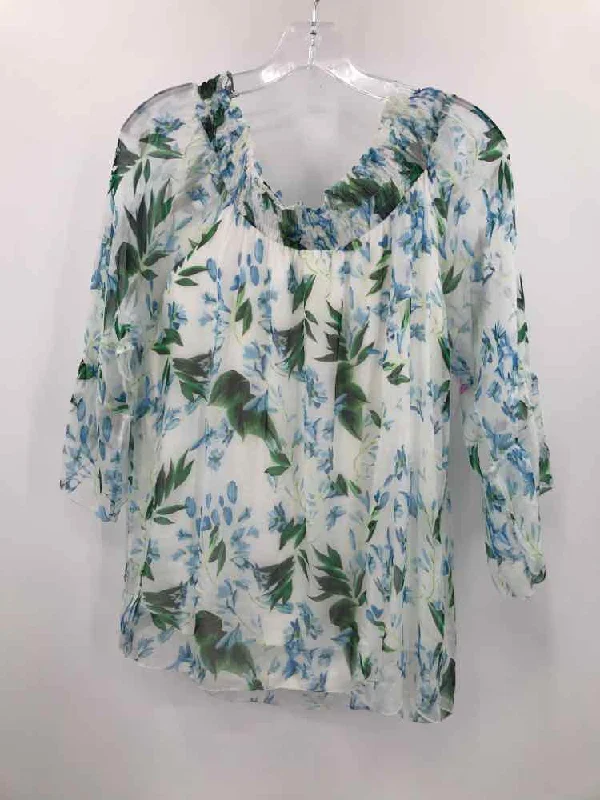 Pre-Owned Angela Moda White Size Medium Floral Blouse Short Sleeve Blouse