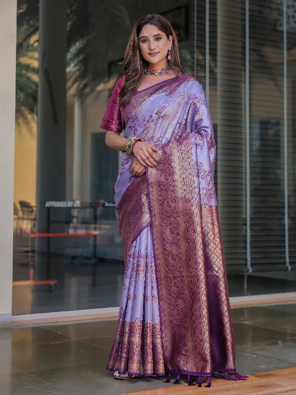 Sonakshi Women's Light Purple Dharmavaram Silk Zari Woven Traditional Saree with Blouse Embroidered Floral Blouse