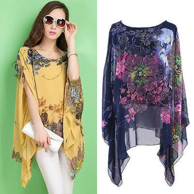 Fashion Floral Women Ladies Sexy Batwing Sleeve Loose Chiffon Floral Printed Blouse Tops Ruched Sleeve Blouse
