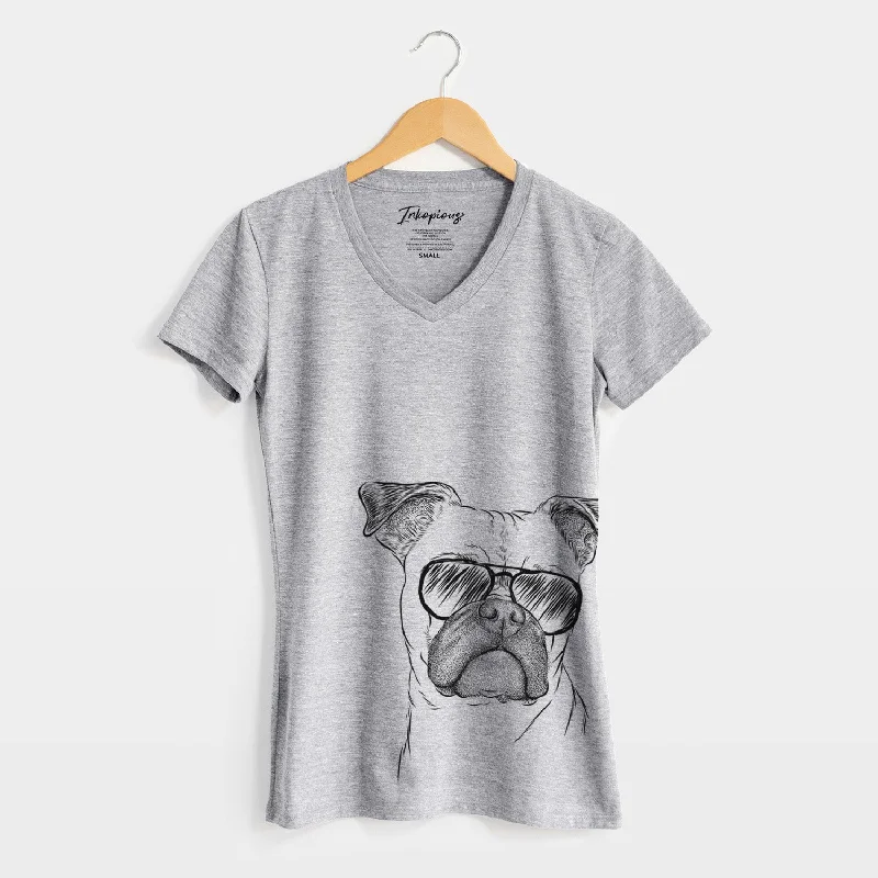 Aviator Mack the Bugg (Boston Terrier/Pug) - Women's V-neck Shirt-- Real Fur Shearling Chenille