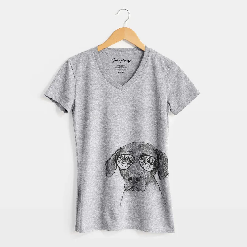 Aviator Baldwin the Mixed Breed - Women's V-neck Shirt-- Solid Print Embellished