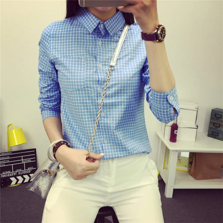 Plaid Women Blouse NEW small Casual Lapel Shirt OL Long Sleeve Cotton Shirts Women Classic Grid Shirts Tops Pluse size Embroidered Cotton Blouse