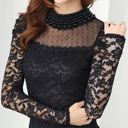 Plus size M-XXL Blouse fashion Women's Stand Pearl Collar Lace Crochet Blouses Shirts Long Sleeve Sexy Tops For Women Sleeveless Chiffon Blouse