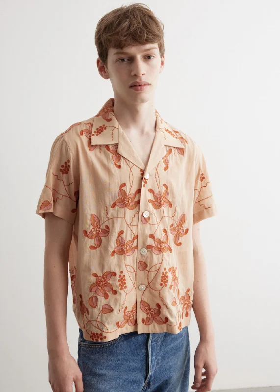 Bougainvillea Short-Sleeve Shirt-- Asymmetrical Pockets Print
