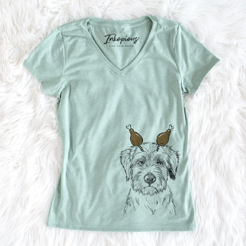 Thanksgiving Marek the Bernedoodle - Women's Perfect V-neck Shirt-- Ribbed Striped Patterned