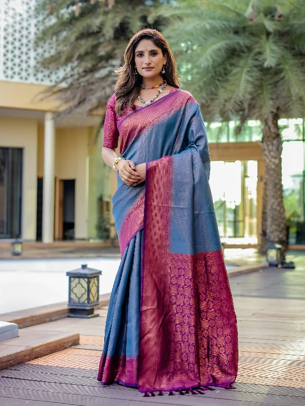 Sonakshi Women's Blue Kanjivaram Silk Zari Woven Traditional Saree with Blouse Collared Satin Blouse