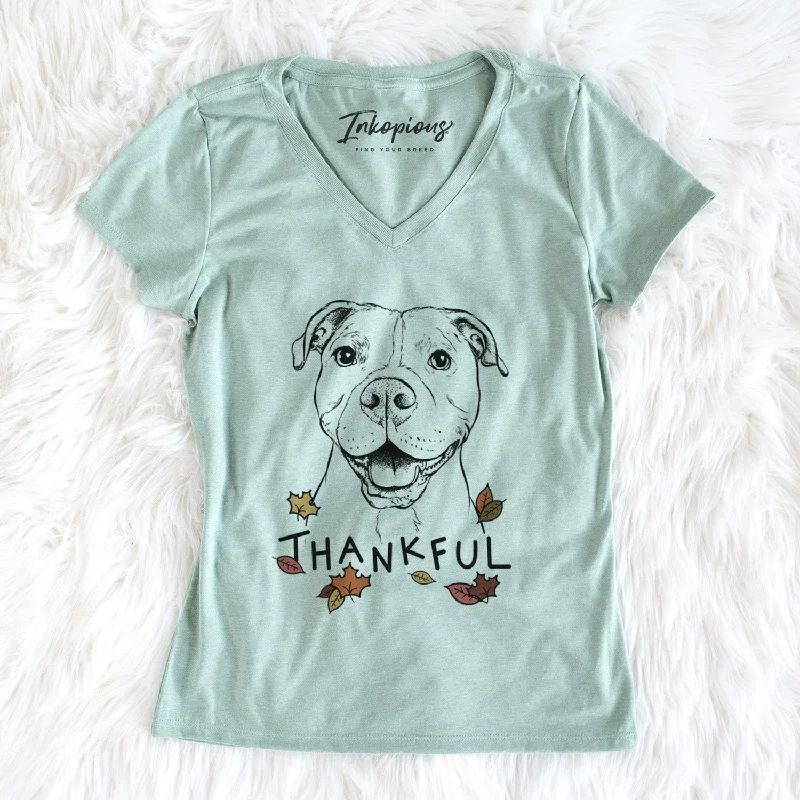 Thankful Roscoe the Pitbull - Women's V-neck Shirt-- Terry Blend Velvet Blend Canvas Blend