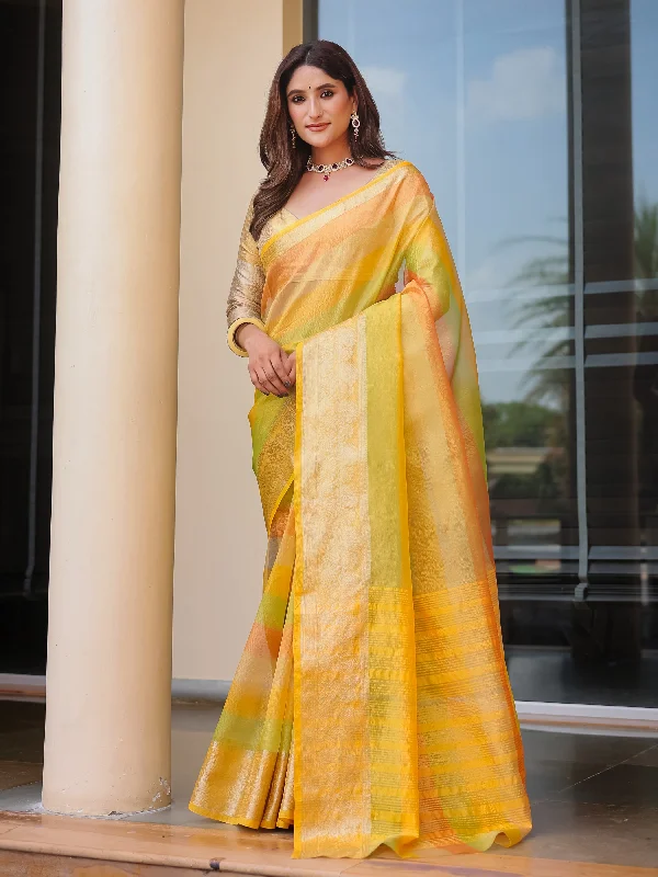 Sonakshi Women's Yellow Banarasi Handloom Silk Zari Woven Traditional Saree with Blouse Textured Cotton Blouse