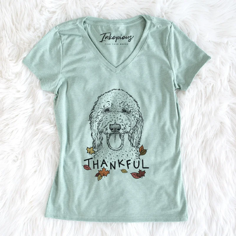 Thankful Pavlov the Goldendoodle - Women's V-neck Shirt-- Knit Fabric Woven Fabric Fleece Fabric