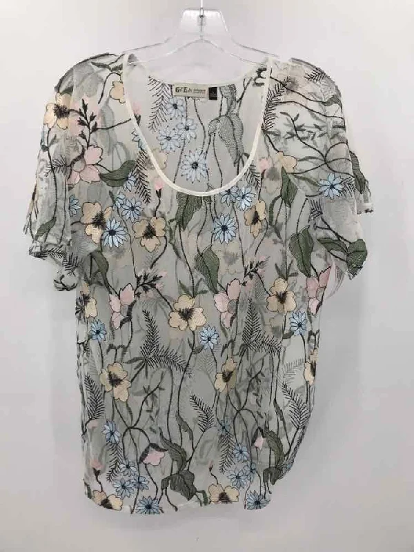Pre-Owned go fish White Size Large Floral Blouse Modern Work Blouse