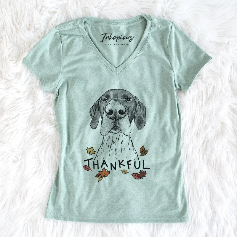 Thankful Booze the German Shorthaired Pointer - Women's V-neck Shirt-- Plaid T-Shirt Polka Dot Checkered