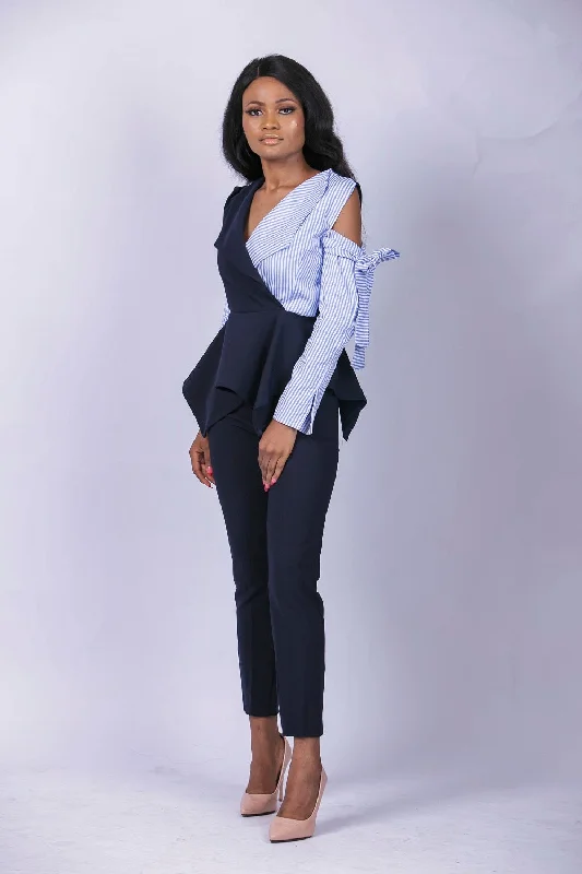 Tara Contrasting Peplum Wrap Blouse and Pant Set Sweetheart Neck Blouse
