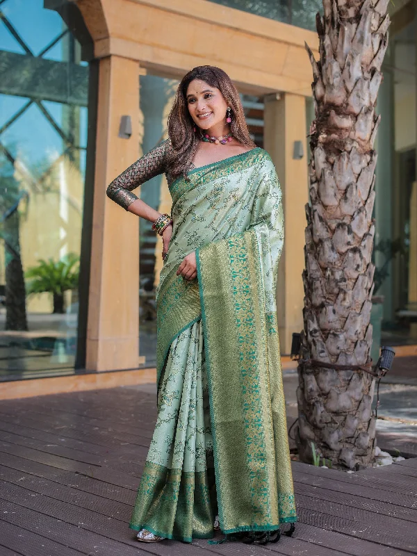Sonakshi Women's Pista Dharmavaram Silk Zari Woven Traditional Saree with Blouse Embroidered Floral Blouse