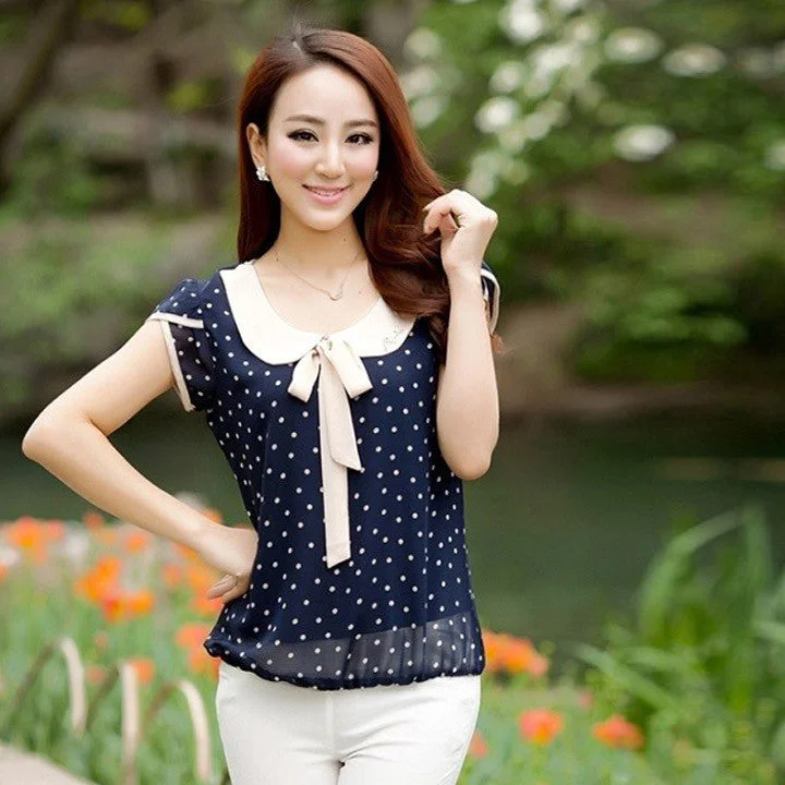 Brand Summer Style Blouse Casual Sweet Women Doll Collar Short Sleeve Tops Polka Dot Chiffon Shirt Blouse Summer Casual Shirt 41 Modern Work Blouse