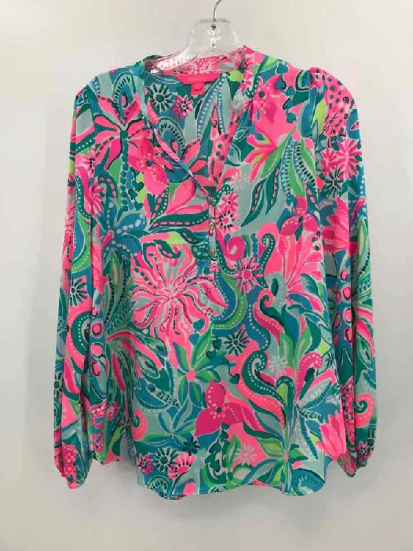 Pre-Owned Lilly Pulitzer Blue Size XS Long Sleeve Blouse Collared Satin Blouse