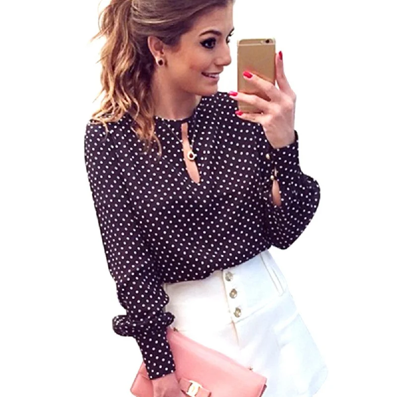 Long Sleeve Slit Open Women Blouse Chiffon Hollow Sexy Casual Shirt Plus Size Women Tops Blusas bluse Polka Dots Shirt Top Elegant Peplum Blouse