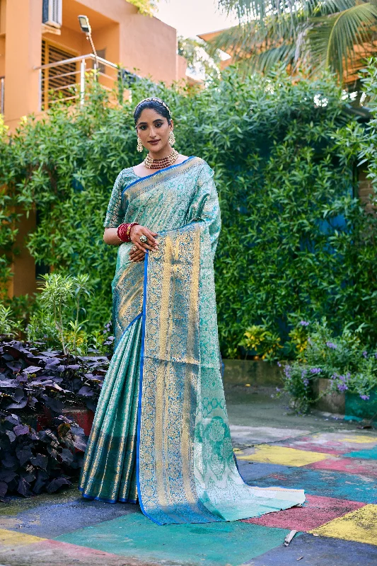 Sonakshi Women's Turquoise Banarasi Handloom Silk Zari Woven Traditional Saree with Blouse Casual Relaxed Blouse